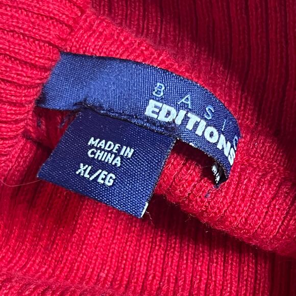 Fair Isle Turtleneck Sweater Basic Editions Size XL Red Rib Knit Cotton Blend - Picture 7 of 7